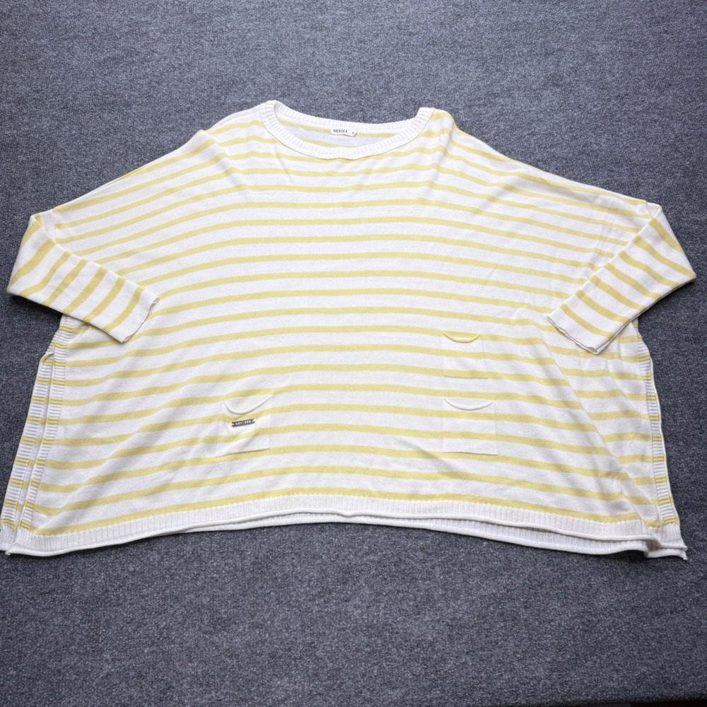 MERSEA Womens OS Yellow White Striped Oversized Poncho Sweater Pockets Side Slit